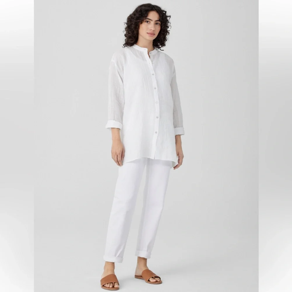 NWT EILEEN FISHER Linen Cotton Sheer Check Mandarin Collar Shirt - Picture 2 of 10